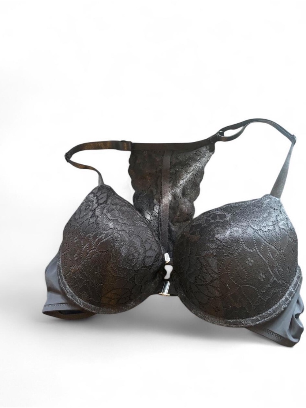 Front-Closure Black Lace Push-Up Bra with Decorative Back Panel